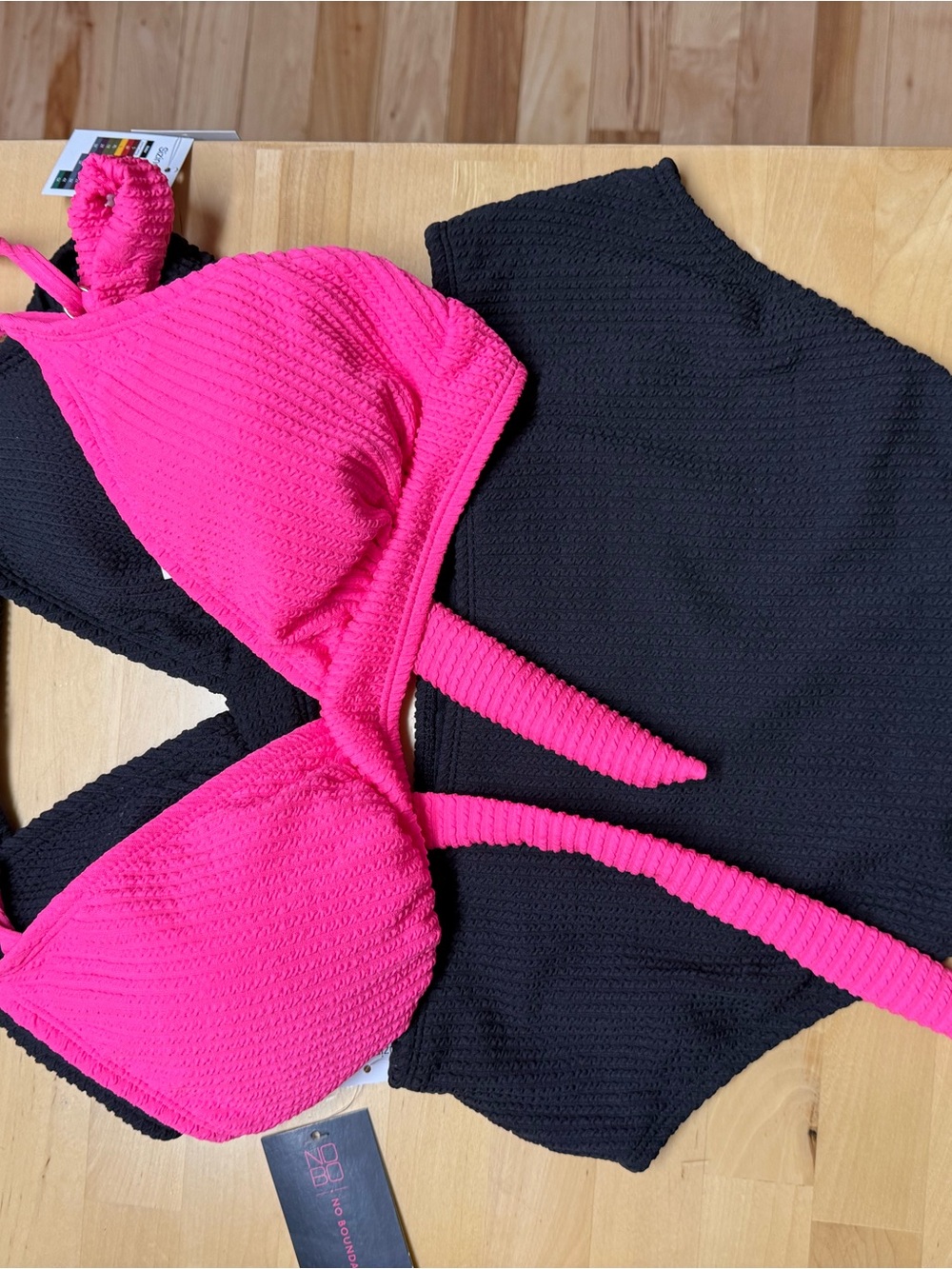 Hot Pink Textured Bikini Top with Black Bottom